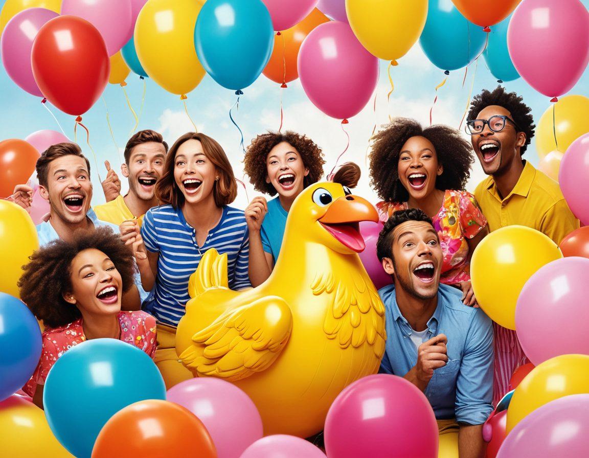 A whimsical scene featuring a diverse group of people laughing together, surrounded by oversized props like a giant rubber chicken and colorful balloons. Cartoon-style animals join the fun, making silly faces. Bright, cheerful colors dominate the setting, evoking a sense of joy and silliness. Include elements of nature like flowers and butterflies to enhance the playful atmosphere. playful illustration. vibrant colors.