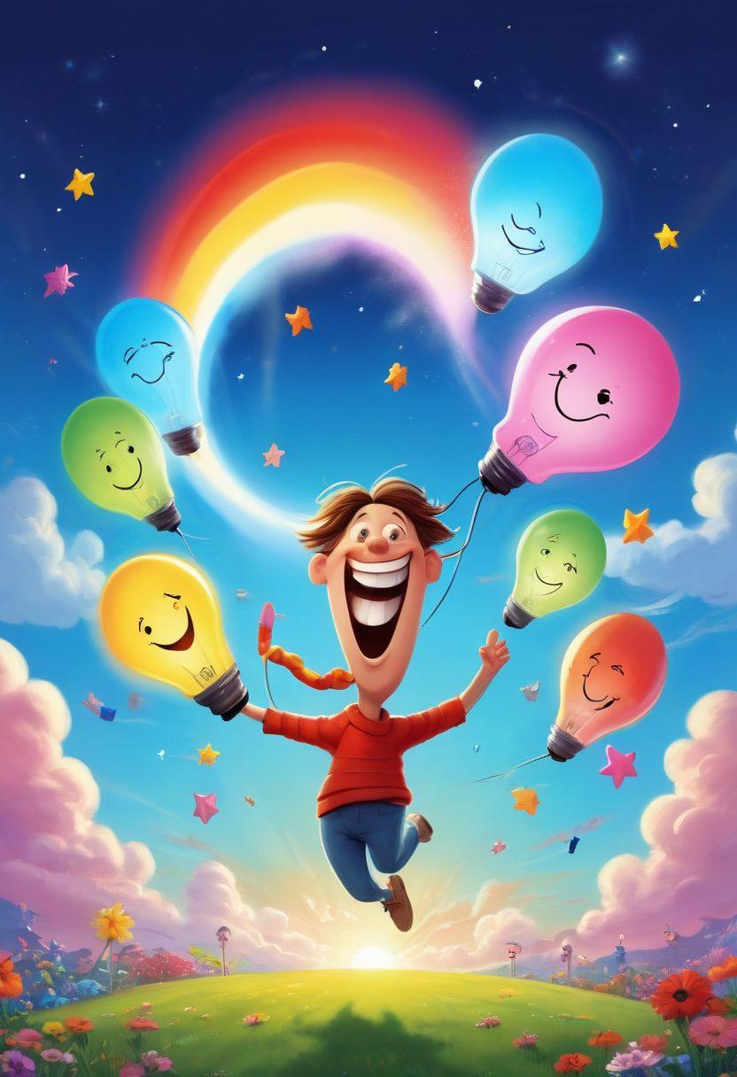 A cheerful cartoon character with a big smile, juggling colorful, oversized light bulbs shaped like jokes, surrounded by whimsical clouds and playful stars. The background features a vibrant rainbow shooting across a sunny blue sky. Emphasize a sense of joy and laughter in the scene, creating a lighthearted ambiance. cartoon style. vibrant colors. cheerful atmosphere.