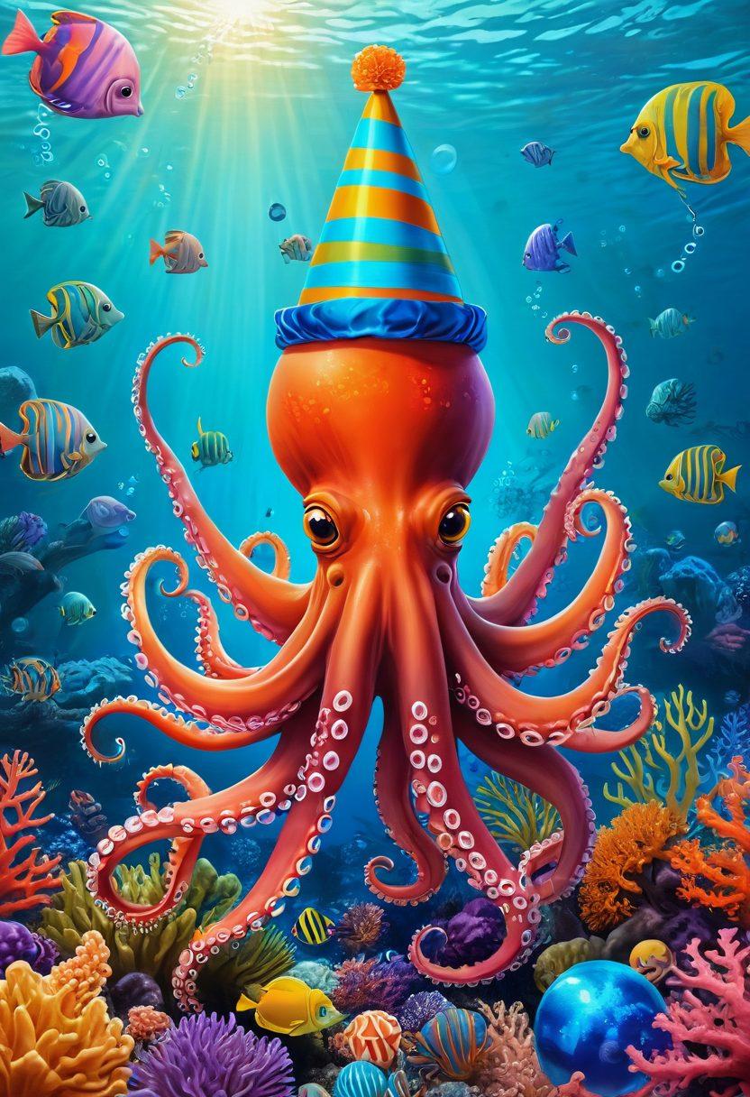 A whimsical underwater scene filled with comically exaggerated sea creatures, such as a laughing octopus wearing a party hat and a fish juggling bubble balls. Bright and colorful coral reefs surround them, while cheerful bubbles rise to the surface. The atmosphere is light-hearted and playful, evoking a sense of joy and absurdity. cartoon style. vibrant colors. light background.